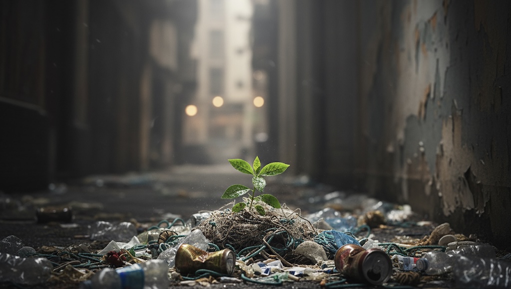 Plant growing in an alley with trash